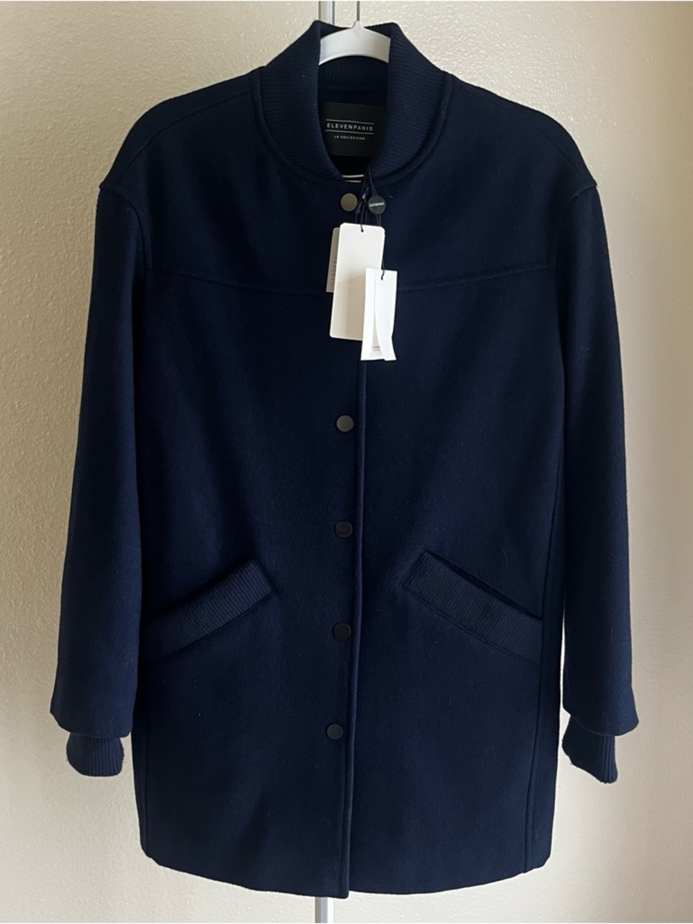 Eleven Paris LA Collection Wool Blend Trench Coat Navy Size 36 NWT